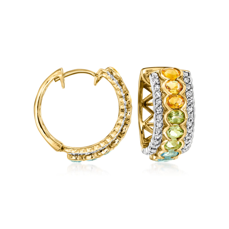 Gold hoop earrings with multi-gemstone and white zircon accents, hinged clasp
