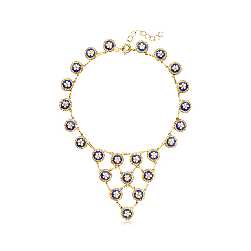 Vintage yellow gold bib necklace with blue and white enamel flower discs and dangling charms