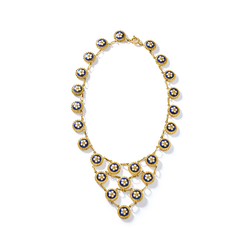 Yellow gold link necklace with blue and white enamel flower discs and central bib pendant