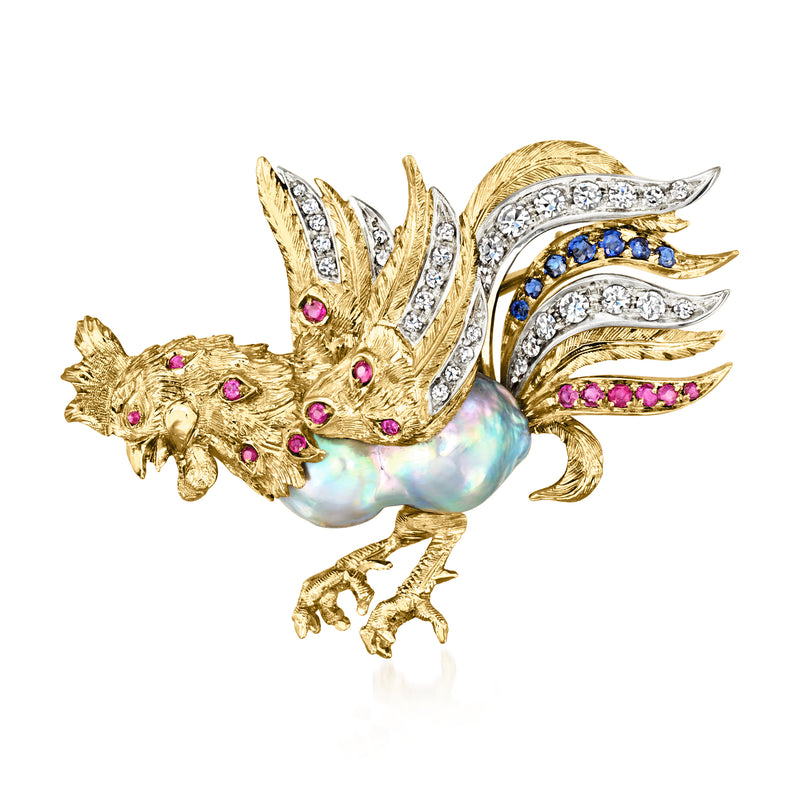 Two-tone gold rooster pin with pearl-like body, diamond accents, blue and pink gems