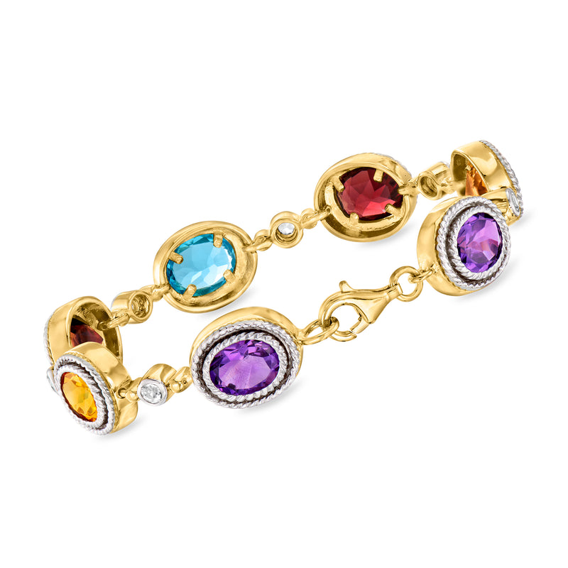 Multi-gemstone bracelet in gold over sterling with purple, red, blue, and yellow oval stones