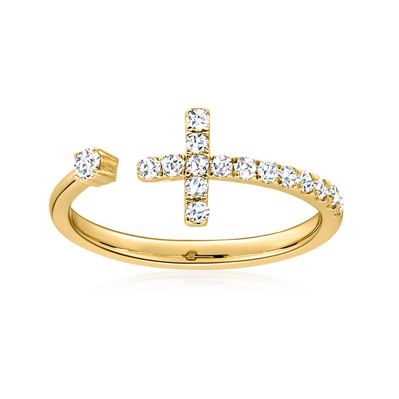 14kt yellow gold cross ring with clear diamond accents, sideways cross design