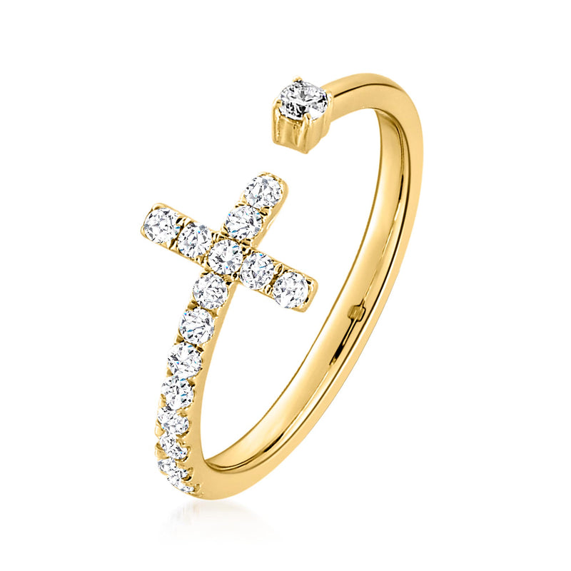 Yellow gold band ring with sideways cross set in round diamonds, open view