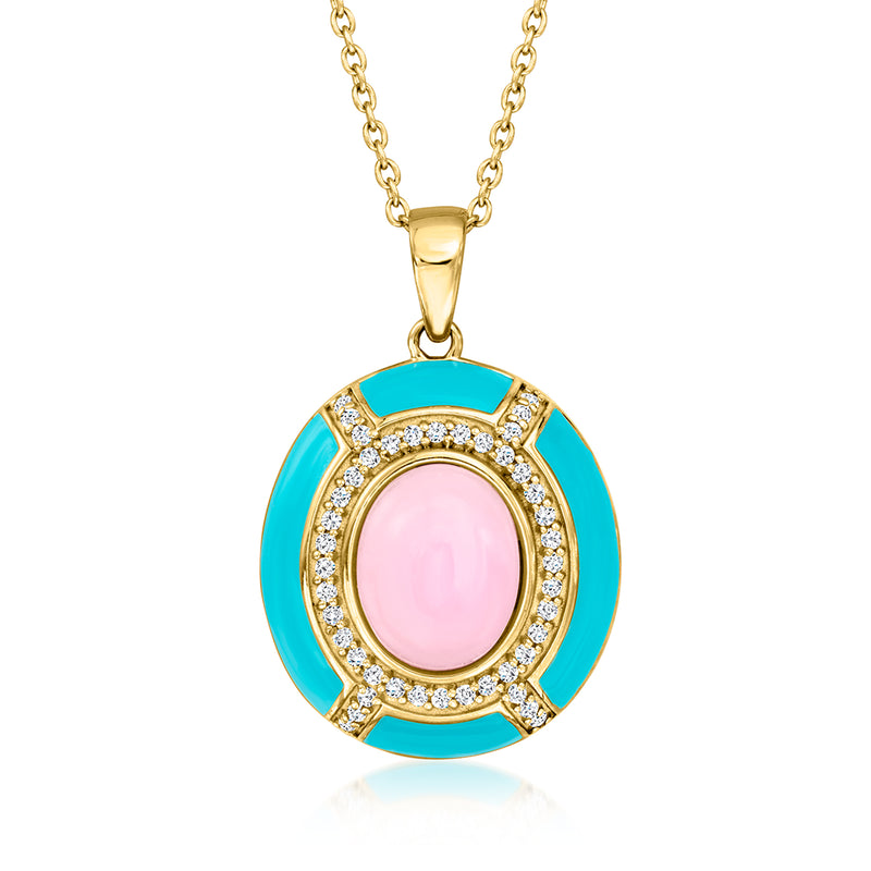 Gold pendant necklace with round pink gemstone center, turquoise enamel rim, diamond-style halos