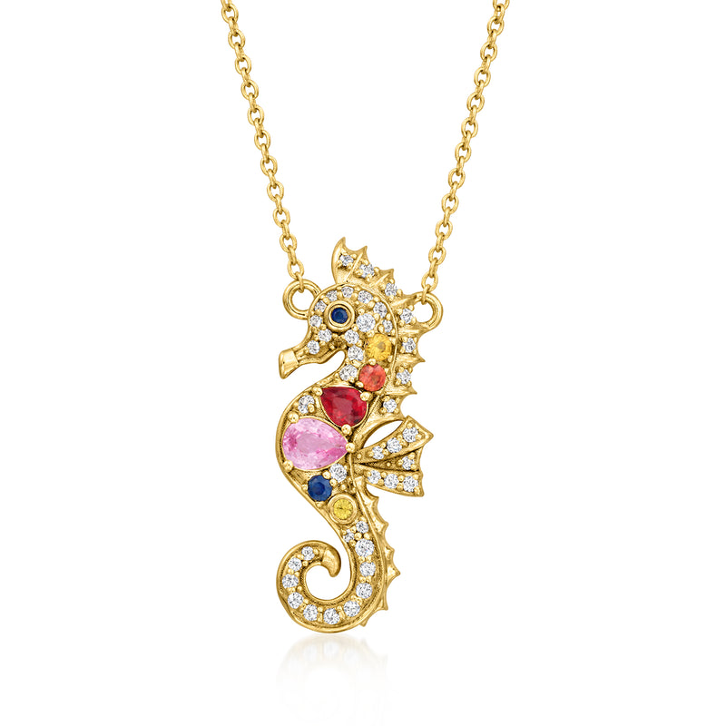 Gold-tone seahorse necklace with multicolored gemstones and sparkling white stones pendant