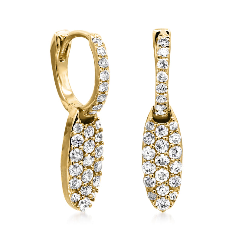 Diamond oval hoop drop earrings in 14kt yellow gold