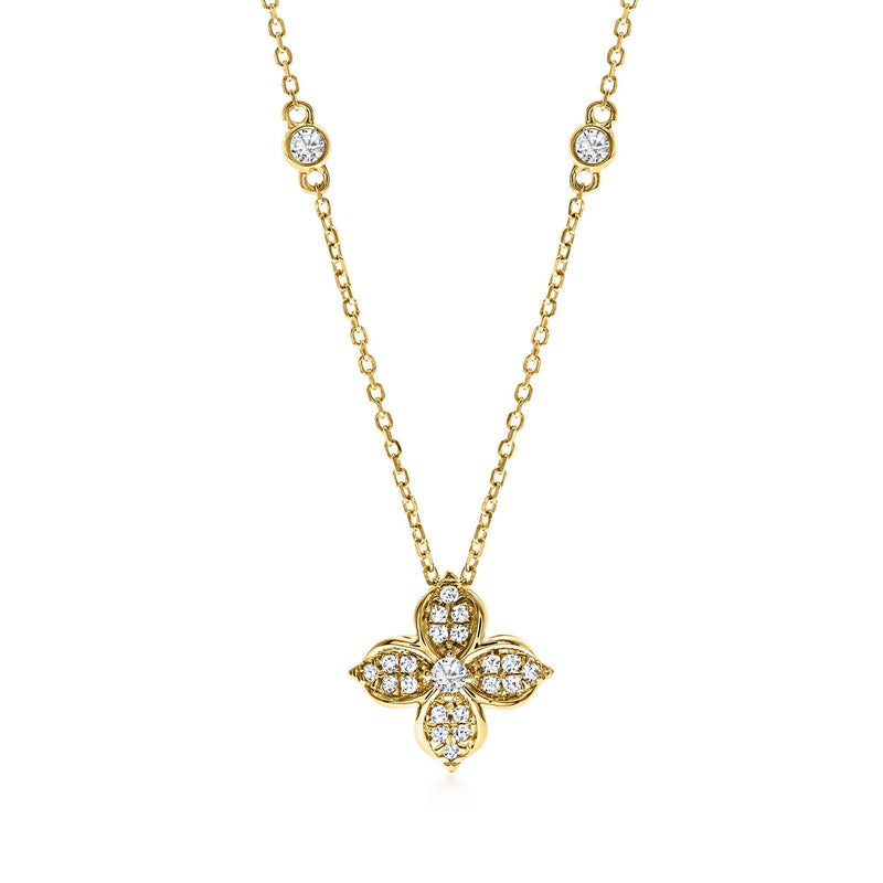 14kt yellow gold diamond flower pendant necklace with round stones