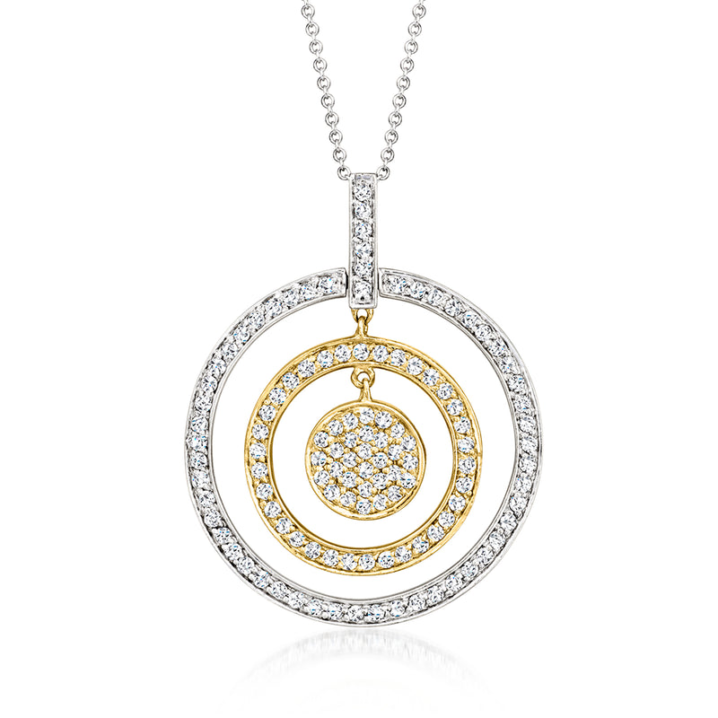 Two-tone gold diamond concentric-circle pendant necklace with circular pave rings