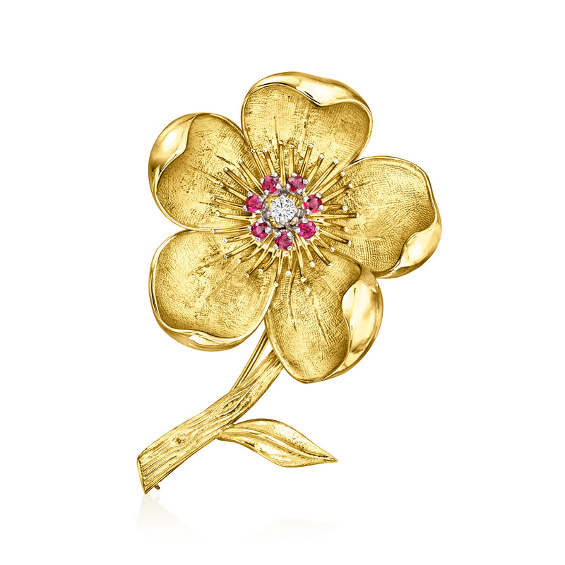 Vintage 18kt yellow gold flower pin with ruby center and starburst sparkle