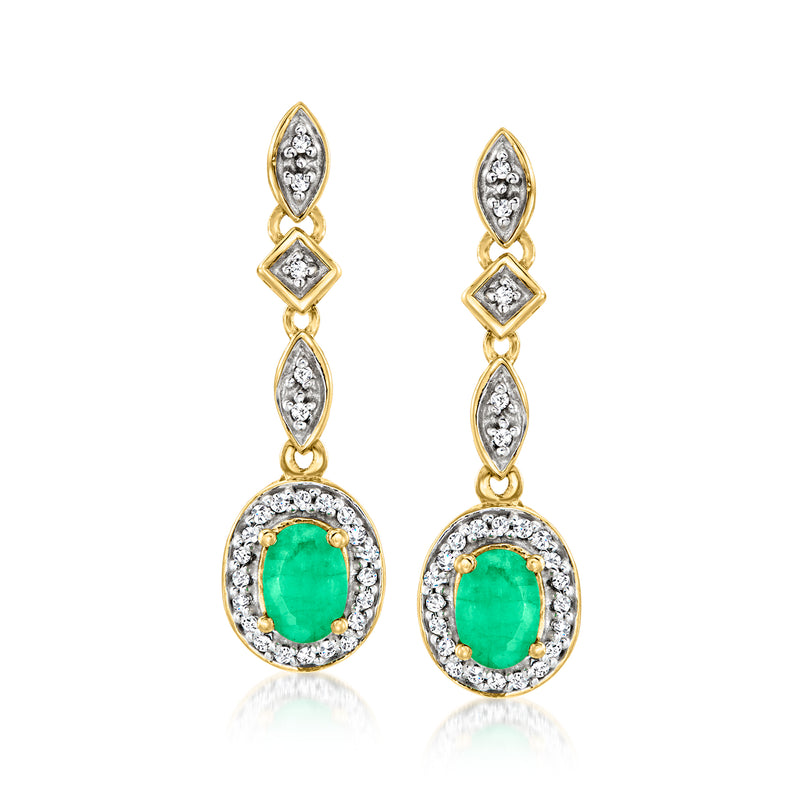 Gold-tone drop earrings with oval green gemstone and diamond halos on curved links