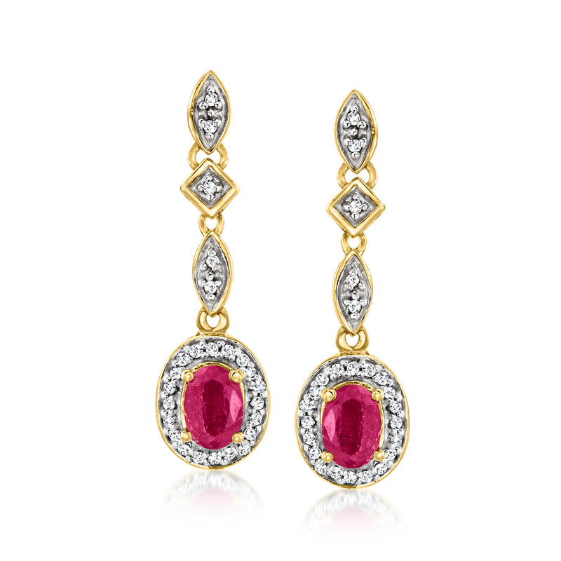 Gold over sterling drop earrings with oval ruby center and diamond accents