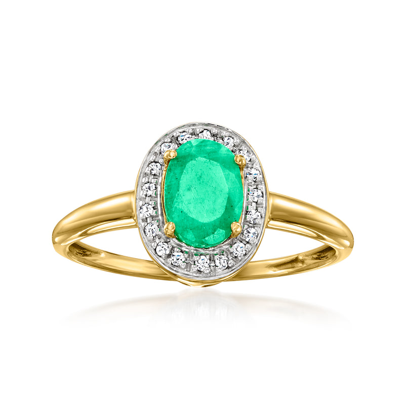 Oval emerald-cut green gemstone ring with diamond halo in 18k gold over sterling