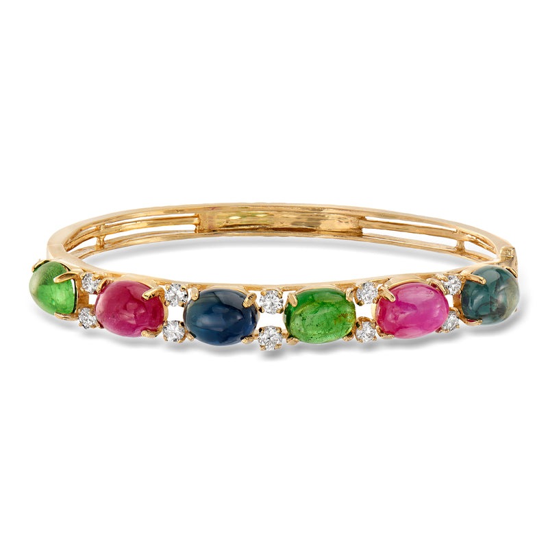 14kt yellow gold gemstone bracelet with oval ruby, sapphire, tsavorite and diamond accents