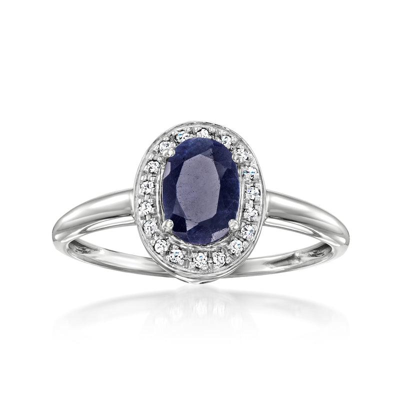 Sterling silver sapphire ring with diamond halo and slim split shank, oval dark blue center