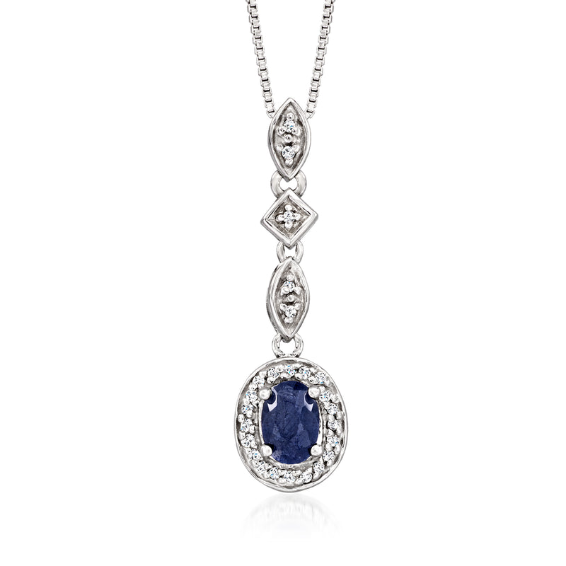 Sterling silver pendant necklace with round sapphire center and diamond halo drop