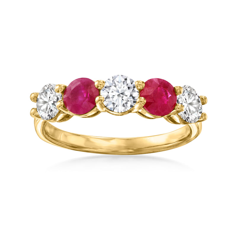 14kt yellow gold ring with two oval rubies and three round lab-grown diamonds
