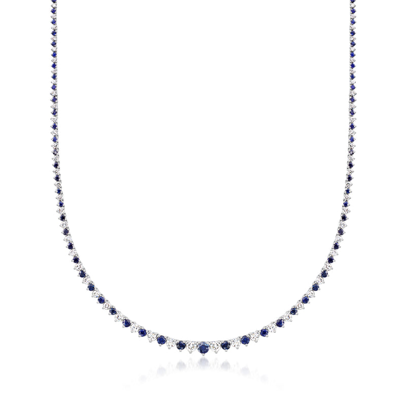 Blue sapphire and white diamond tennis necklace in sterling silver