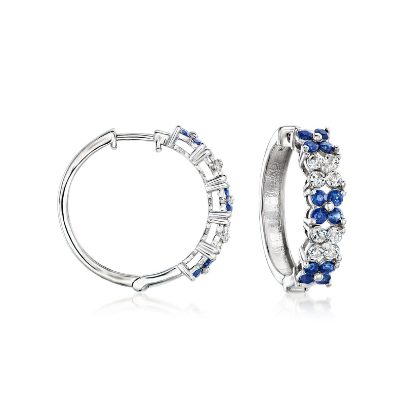 Sterling silver hoop earrings with blue sapphire and white topaz floral clusters
