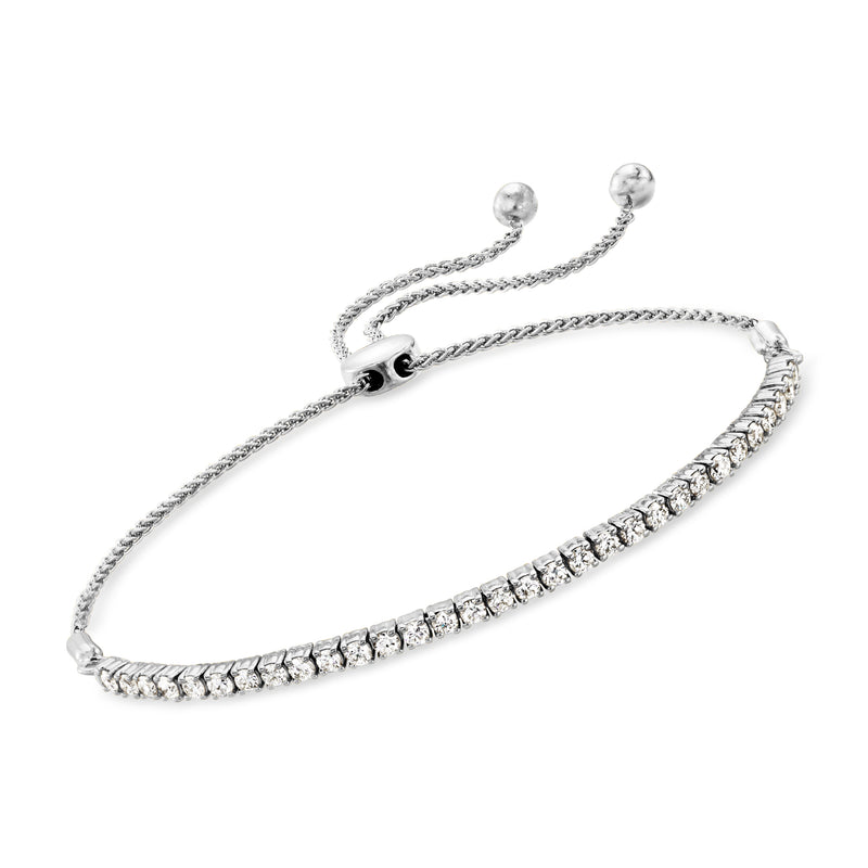 Sterling silver bolo bracelet with row of round diamond accents