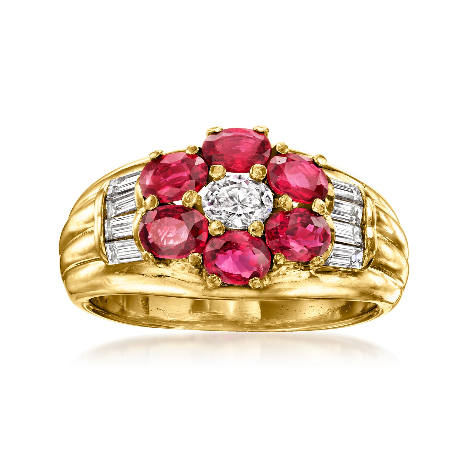 C. 1990 Vintage 1.50 ct. t.w. Ruby and .70 ct. t.w. Diamond Flower Ring in 18kt Yellow Gold