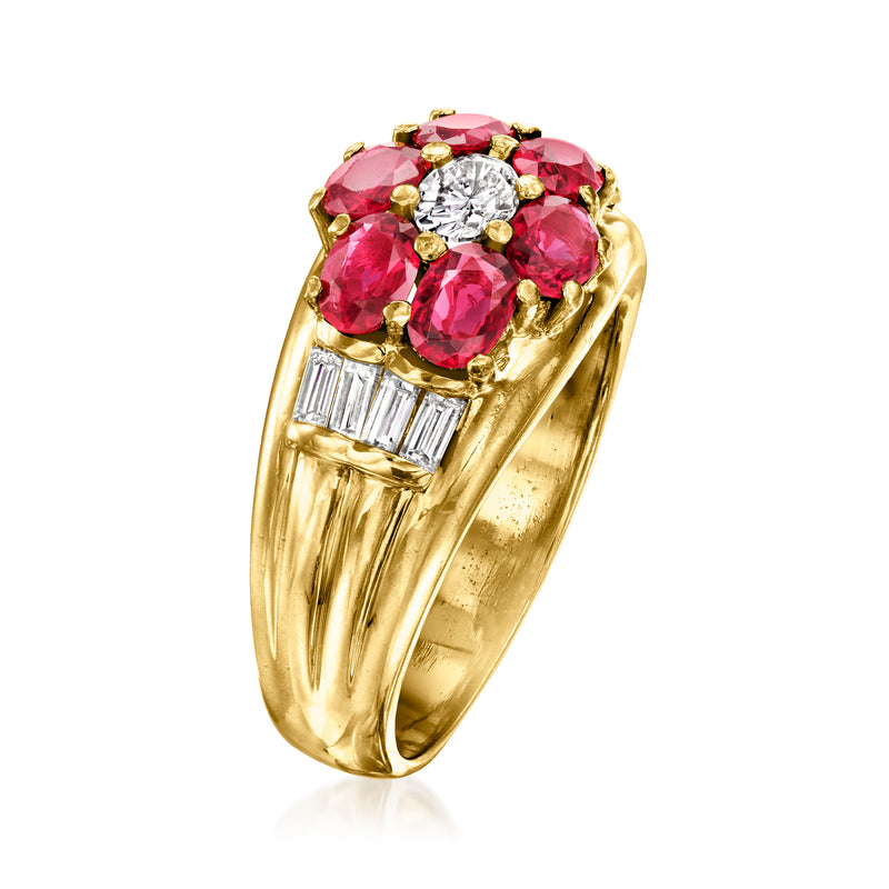 18kt yellow gold ring with pink oval rubies and baguette diamond accents