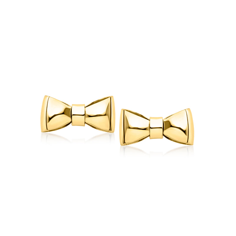Gold bow stud earrings with 14kt yellow gold finish, post backing