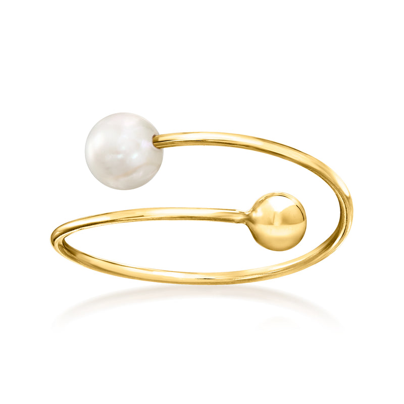 14kt yellow gold bypass ring with 5mm cultured pearl, open oval design