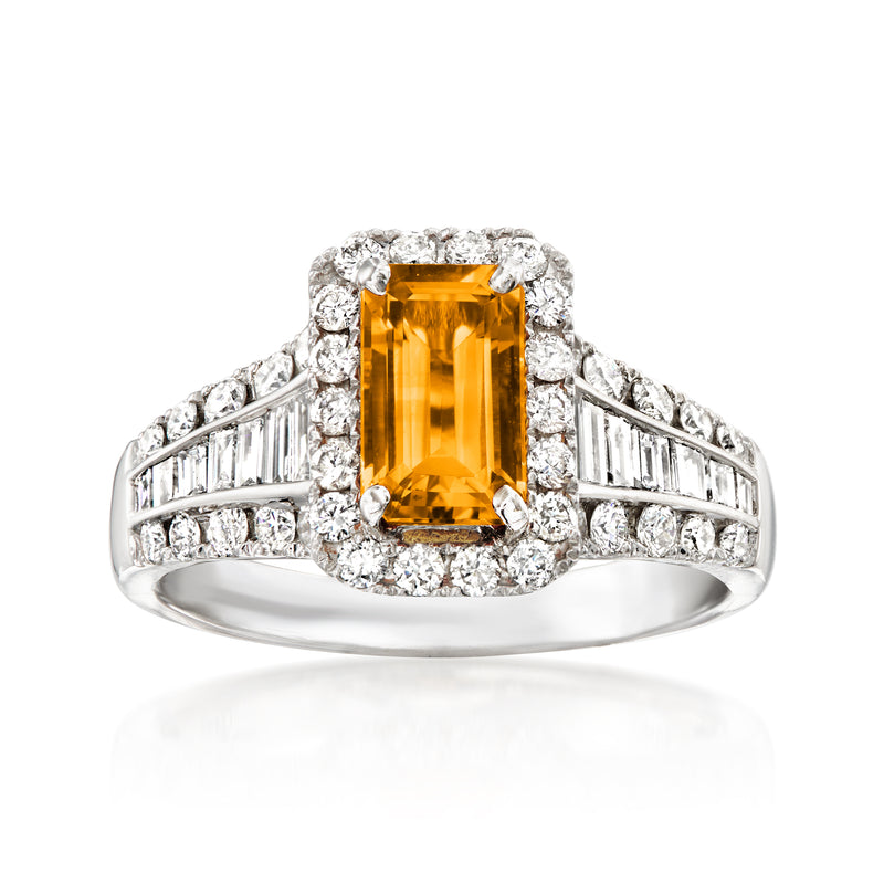 Vintage white gold ring with rectangular citrine center, diamond halo, baguette sides