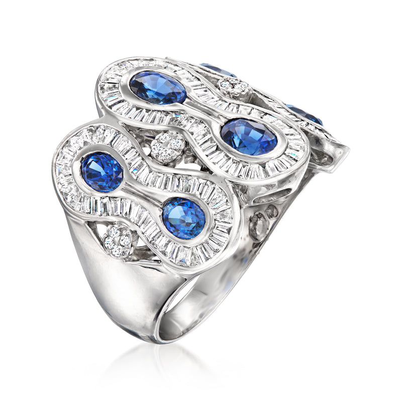 18kt white gold loop ring with oval blue sapphires and diamond details