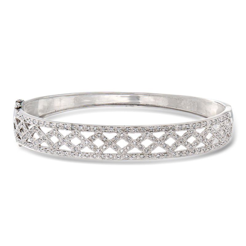 Vintage white gold diamond latticework bangle bracelet with sparkling diamond accents