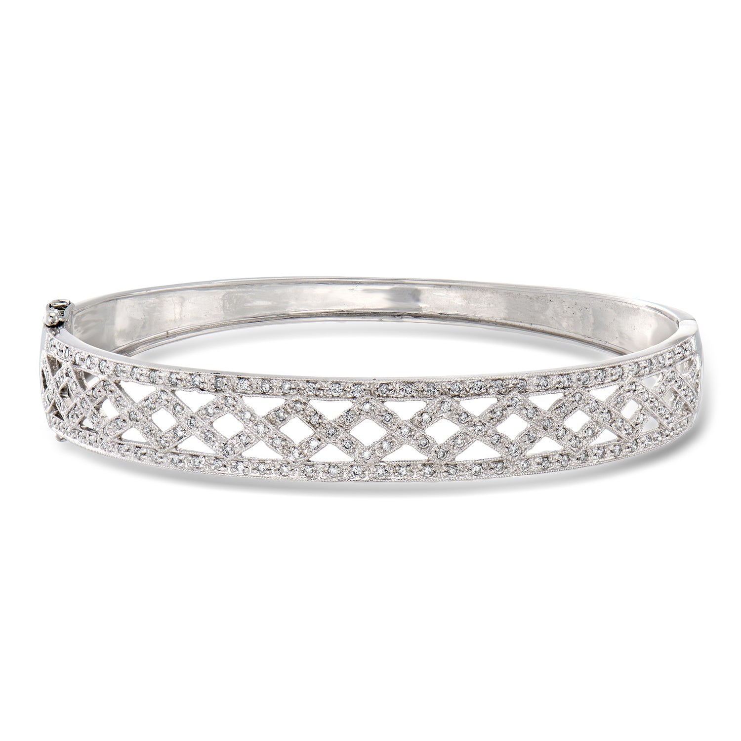 Pre-owned Ross-simons C. 1990 Vintage 1.56 Ct. T.w. Diamond Latticework Bangle Bracelet In 18kt White Gold In Silver