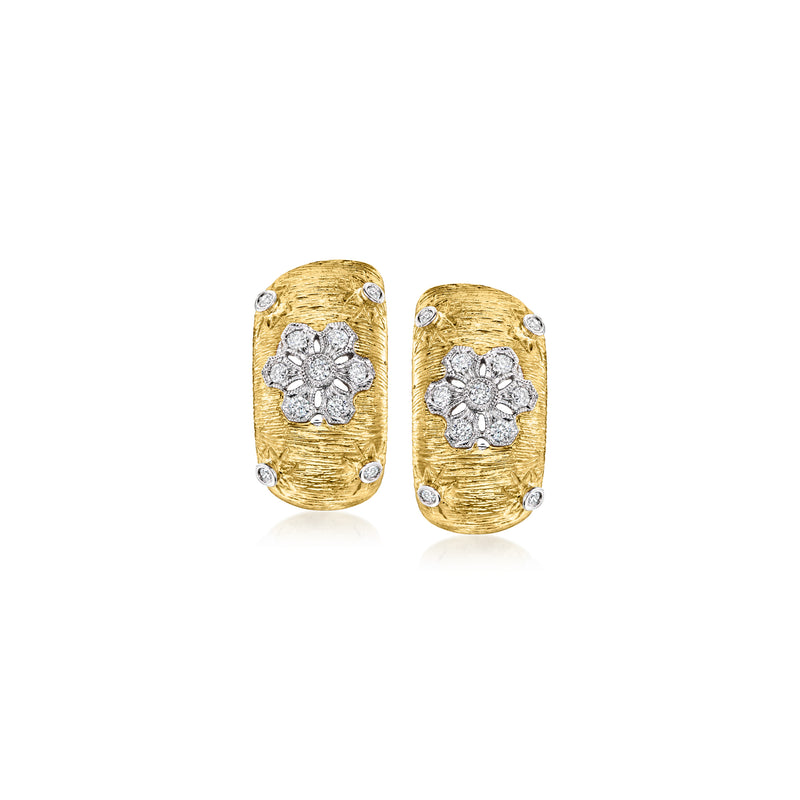 Curved 18kt yellow gold earrings with diamond flower stud centers