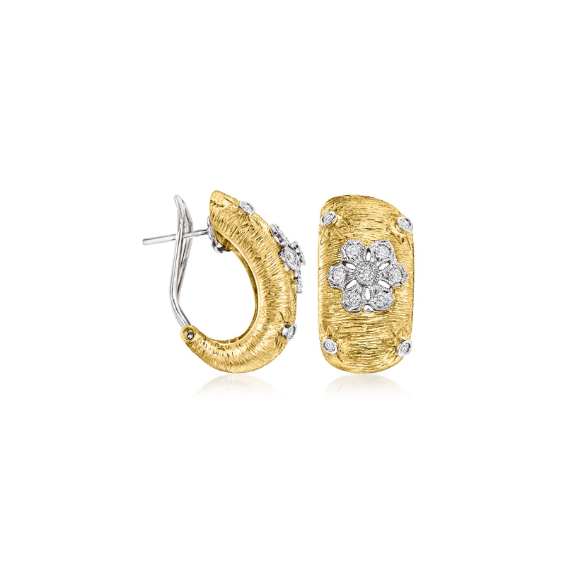 Hinged hoop earrings in 18kt yellow gold with diamond flower center
