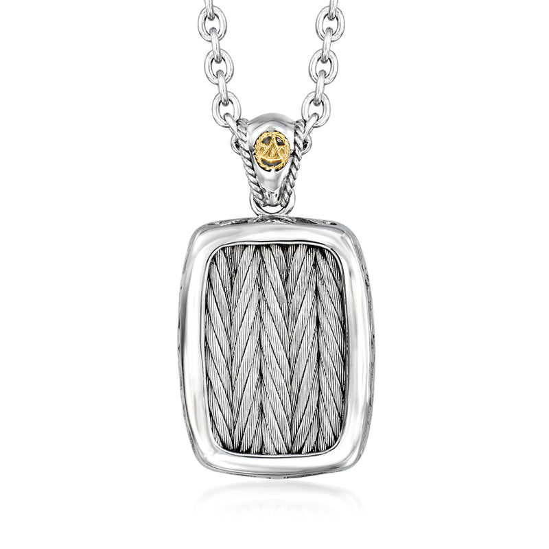 Men's stainless steel cable pendant necklace with square gray braid pattern and gold cap