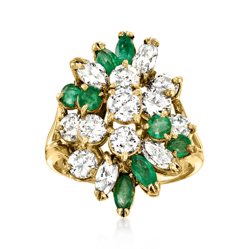 14kt yellow gold diamond and emerald cluster ring with marquise and round stones