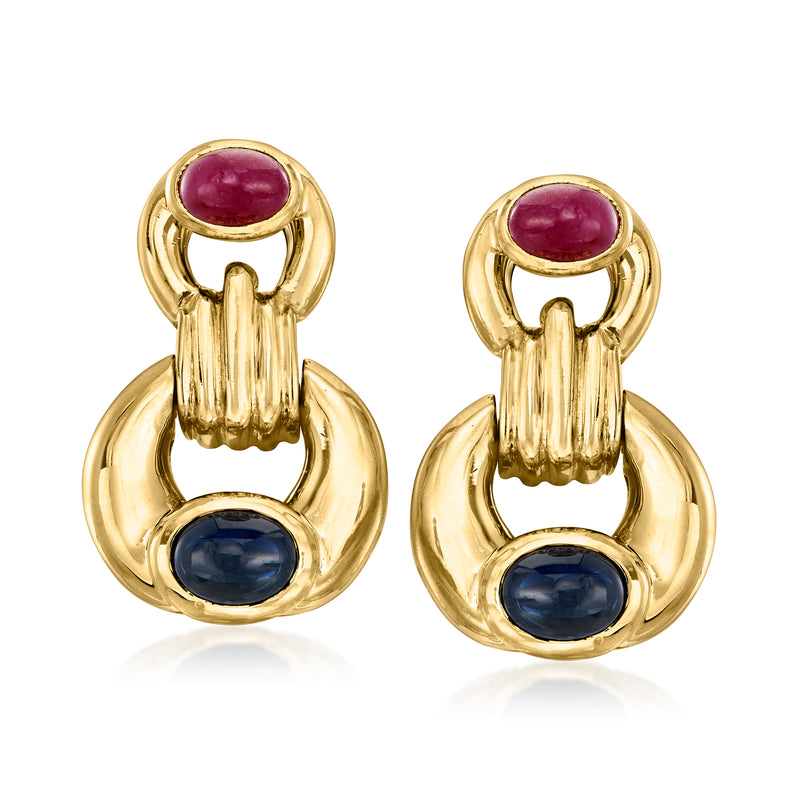 Yellow gold doorknocker earrings with red ruby top and blue sapphire bottom, post backs