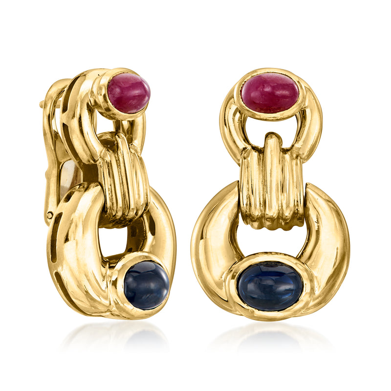 Yellow gold doorknocker earrings with red ruby top and blue sapphire bottom, curved loop