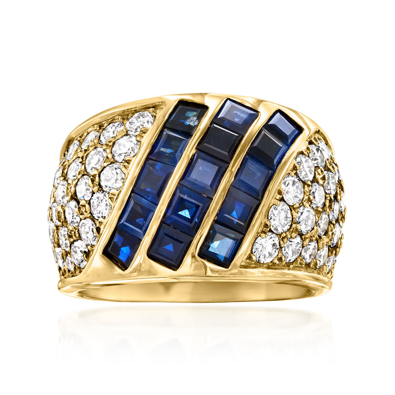 18kt yellow gold striped ring with blue sapphire rectangles and diamond halo