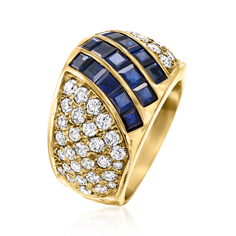 18kt yellow gold ring with blue sapphire stripe frame and white diamond clusters
