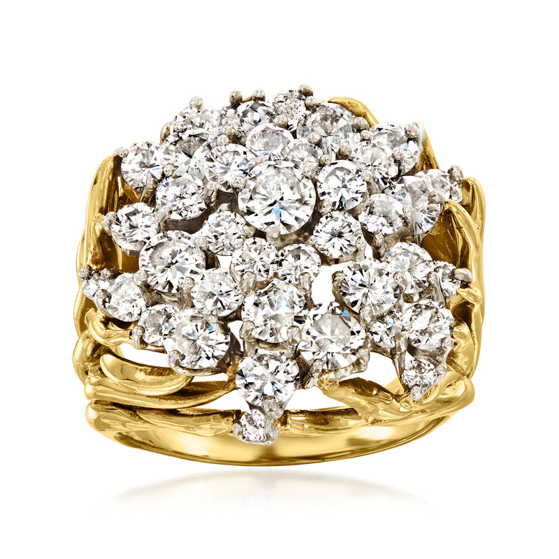 Yellow gold diamond cluster ring with round-cut stones in a wide band
