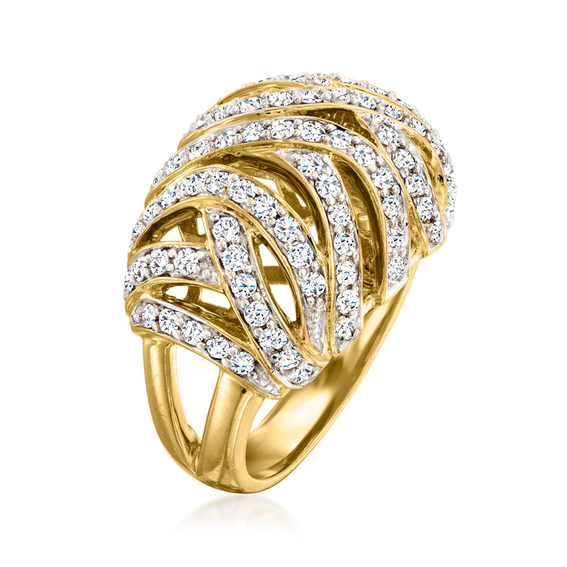 14kt yellow gold dome ring with prong-set diamonds in curved lattice design