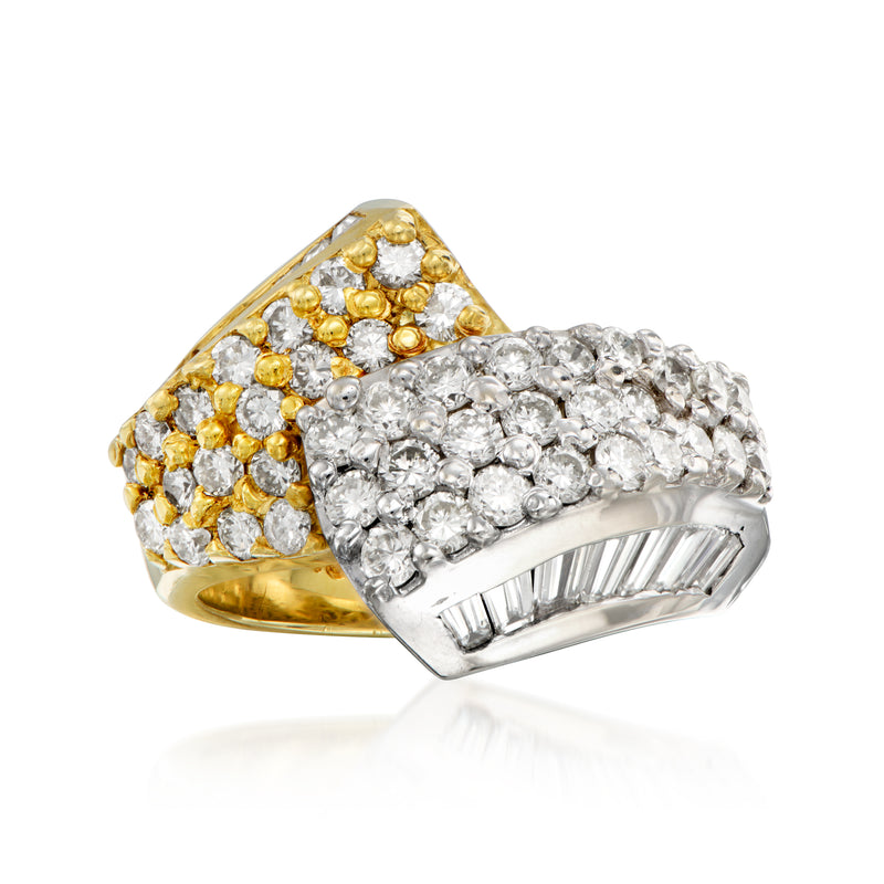 Two-tone gold bypass diamond ring with round stone clusters, white and yellow gold bands.