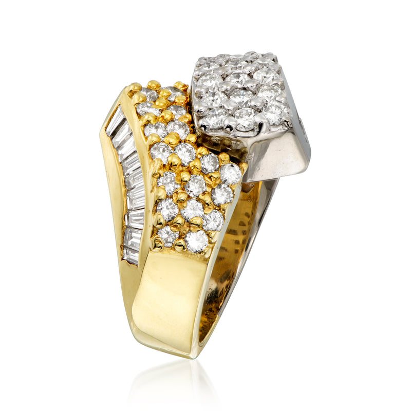 Vintage two-tone gold diamond bypass ring with round and baguette diamonds