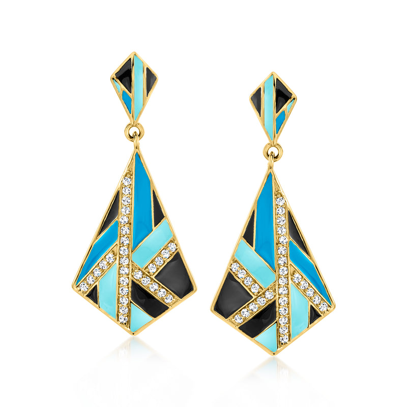 Geometric enamel drop earrings with blue, black, and white accents in gold tone
