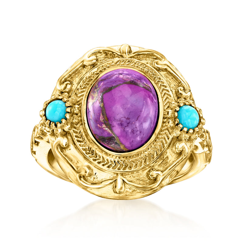 Gold over sterling oval purple gemstone ring with round turquoise side stones, ornate bezel