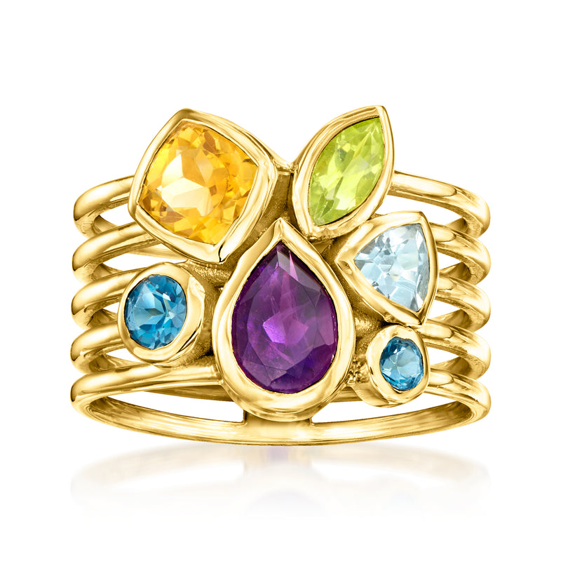 Gold-tone multi-gemstone ring with five faceted stones: yellow, green, purple, and blue.