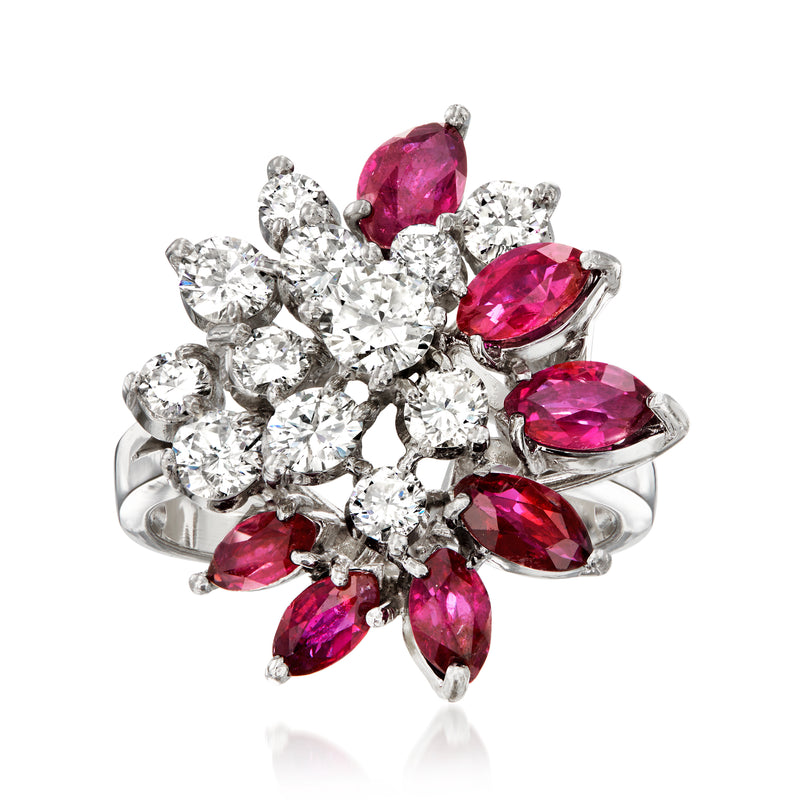 Vintage 14k white gold ruby and diamond cluster ring with oval pink stones and round diamonds