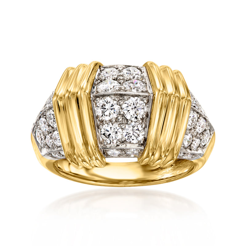 Vintage diamond station ring in yellow gold with platinum settings and square diamond cluster