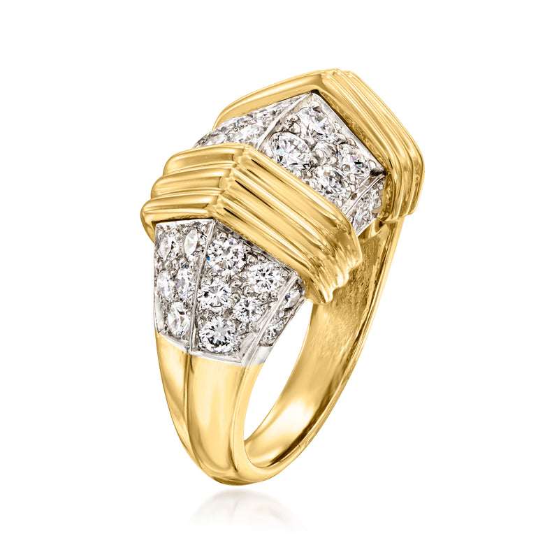 Side view of vintage diamond station ring with ribbed yellow gold bands and square diamond panels