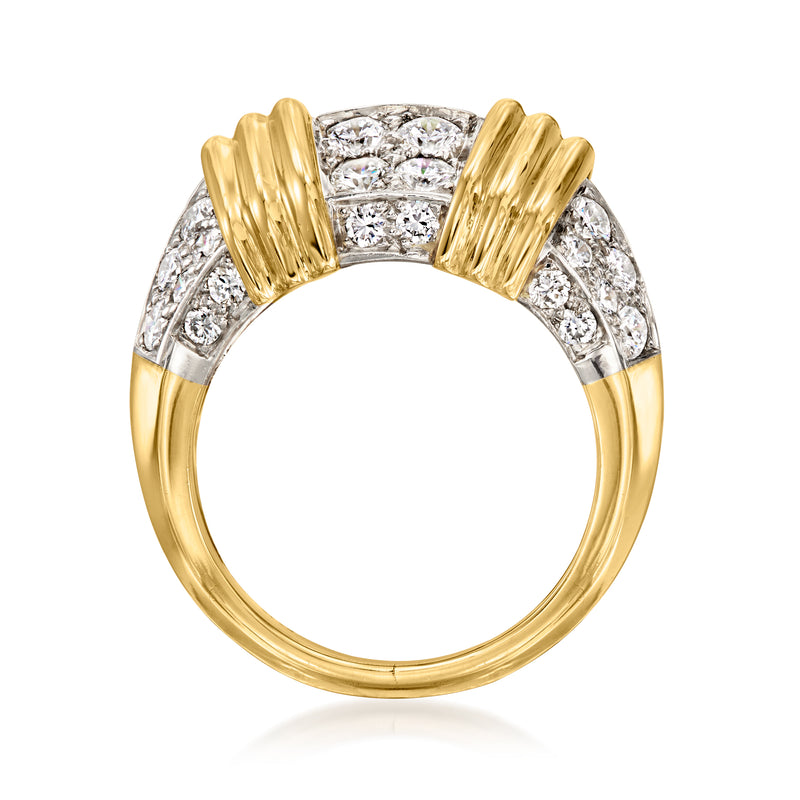 Diamond station ring band view: yellow gold with platinum-set square diamond center panels